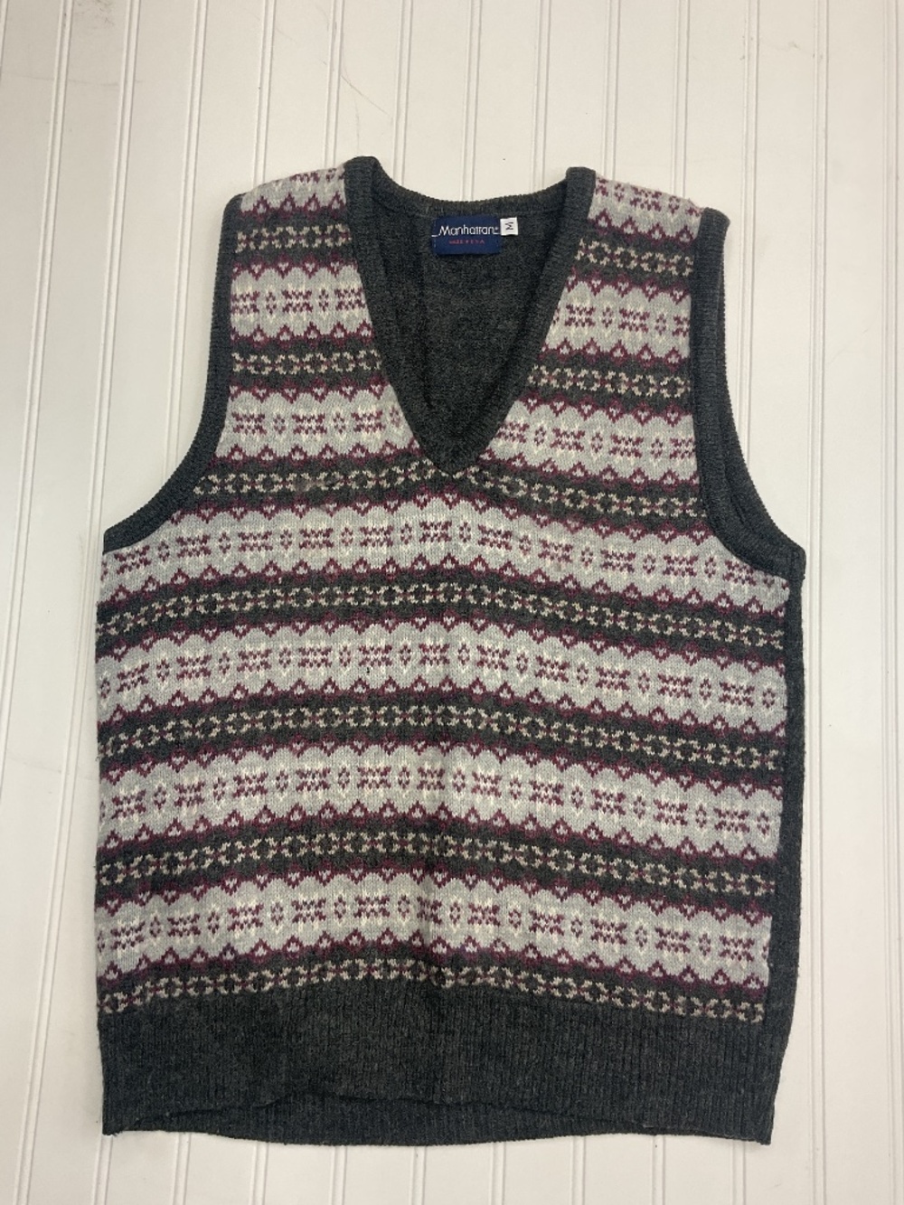Vintage Manhattan Men's M Knit Sweater Vest Fair Isle Argyle Gray Made in USA